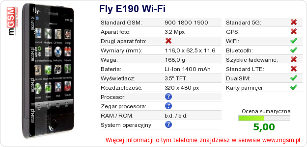 Dane telefonu Fly E190 Wi-Fi
