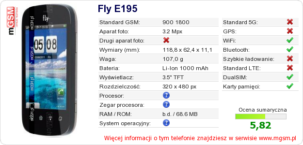 Dane telefonu Fly E195