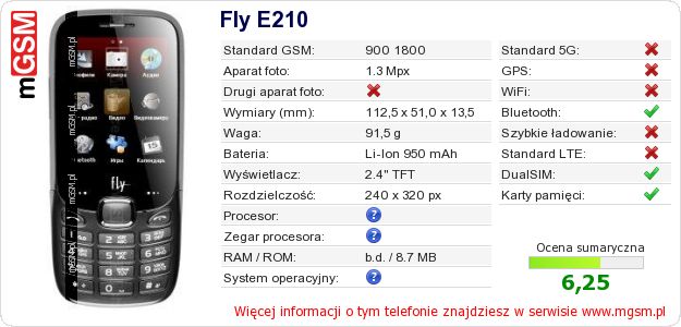 Dane telefonu Fly E210