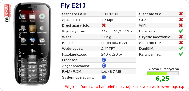 Dane telefonu Fly E210