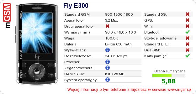 Dane telefonu Fly E300 Dane telefonu Fly E300