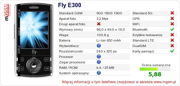 Dane telefonu Fly E300