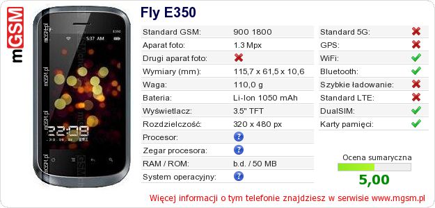 Dane telefonu Fly E350