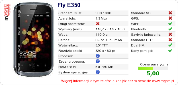 Dane telefonu Fly E350