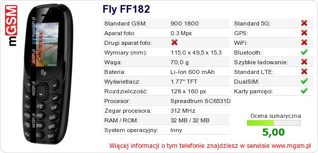Dane telefonu Fly FF182 Dane telefonu Fly FF182