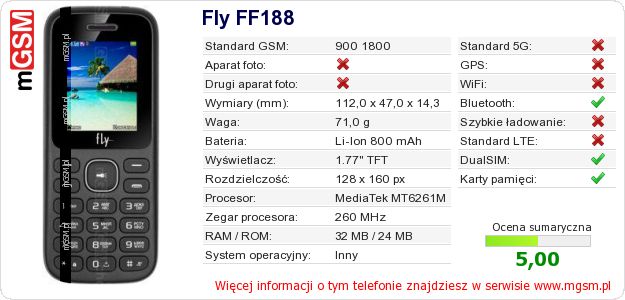 Dane telefonu Fly FF188