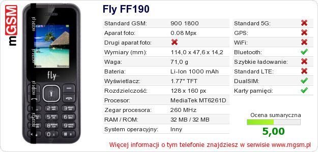 Dane telefonu Fly FF190