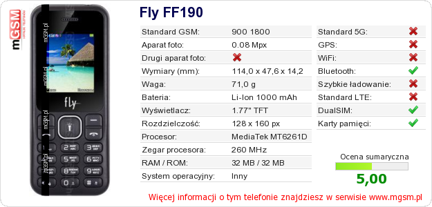 Dane telefonu Fly FF190
