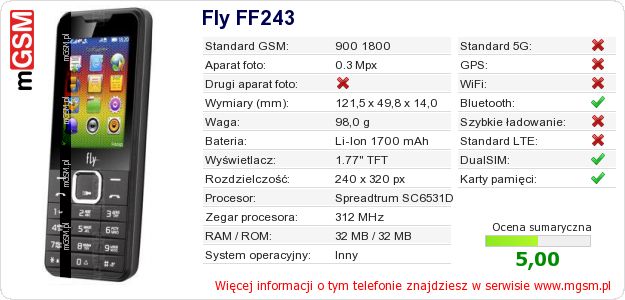 Dane telefonu Fly FF243 Dane telefonu Fly FF243