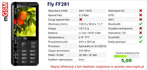 Dane telefonu Fly FF281 Dane telefonu Fly FF281