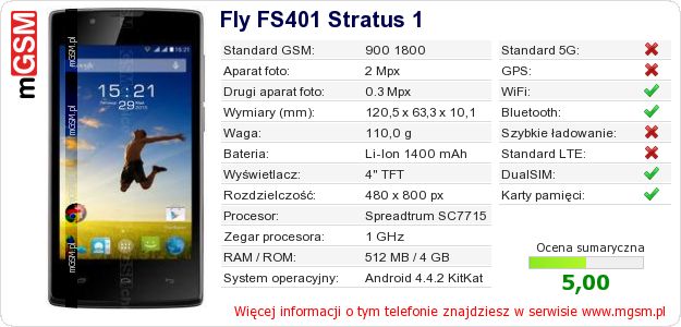 Dane telefonu Fly FS401 Stratus 1 Dane telefonu Fly FS401 Stratus 1