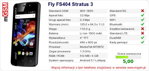 Dane telefonu Fly FS404 Stratus 3 Dane telefonu Fly FS404 Stratus 3