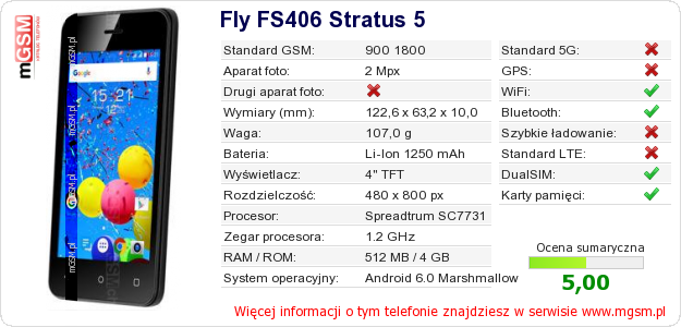Dane telefonu Fly FS406 Stratus 5