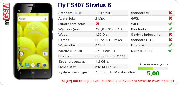 Dane telefonu Fly FS407 Stratus 6 Dane telefonu Fly FS407 Stratus 6