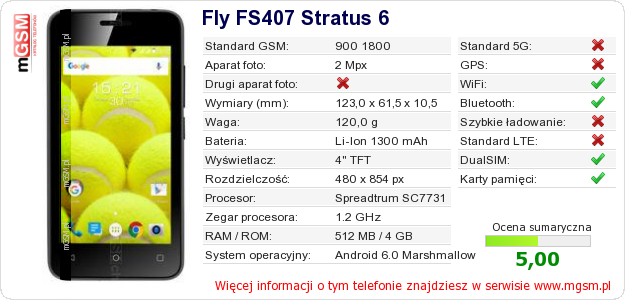 Dane telefonu Fly FS407 Stratus 6