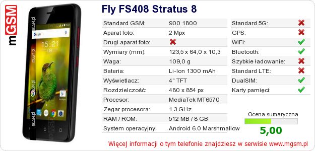 Dane telefonu Fly FS408 Stratus 8 Dane telefonu Fly FS408 Stratus 8