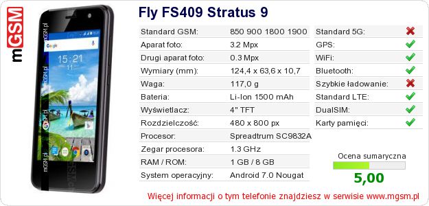 Dane telefonu Fly FS409 Stratus 9 Dane telefonu Fly FS409 Stratus 9
