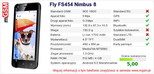 Dane telefonu Fly FS454 Nimbus 8 Dane telefonu Fly FS454 Nimbus 8