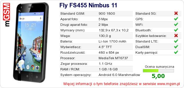 Dane telefonu Fly FS455 Nimbus 11