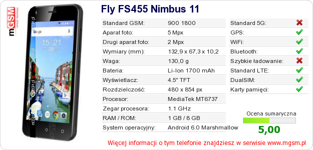 Dane telefonu Fly FS455 Nimbus 11 Dane telefonu Fly FS455 Nimbus 11