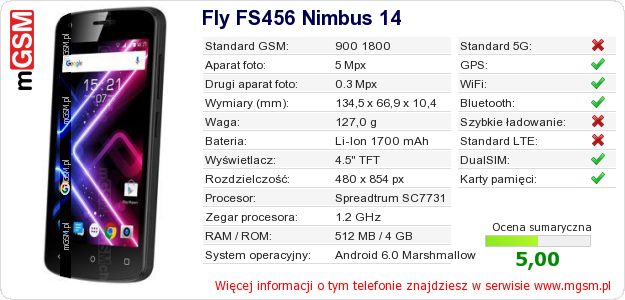 Dane telefonu Fly FS456 Nimbus 14