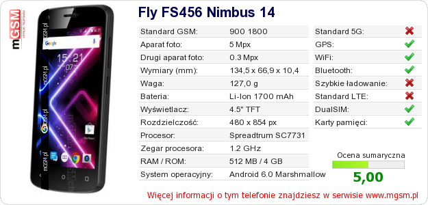 Dane telefonu Fly FS456 Nimbus 14 Dane telefonu Fly FS456 Nimbus 14