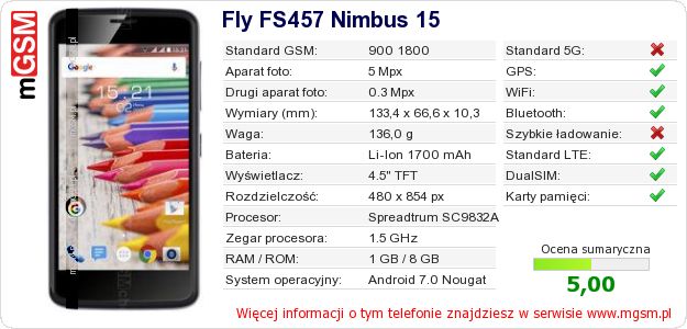 Dane telefonu Fly FS457 Nimbus 15