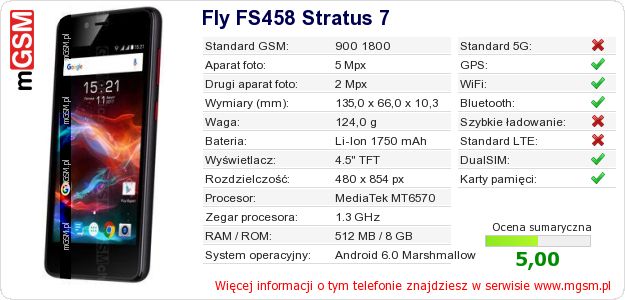 Dane telefonu Fly FS458 Stratus 7