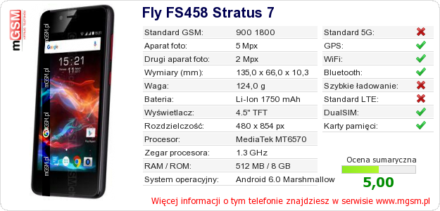 Dane telefonu Fly FS458 Stratus 7