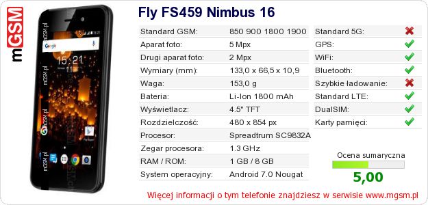 Dane telefonu Fly FS459 Nimbus 16 Dane telefonu Fly FS459 Nimbus 16
