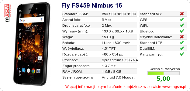 Dane telefonu Fly FS459 Nimbus 16