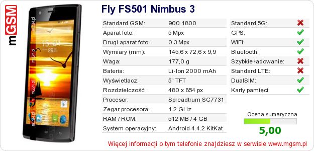 Dane telefonu Fly FS501 Nimbus 3 Dane telefonu Fly FS501 Nimbus 3