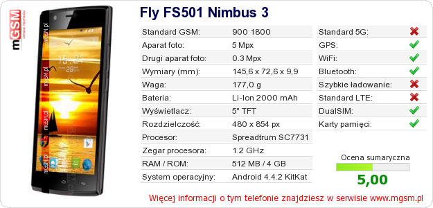 Dane telefonu Fly FS501 Nimbus 3
