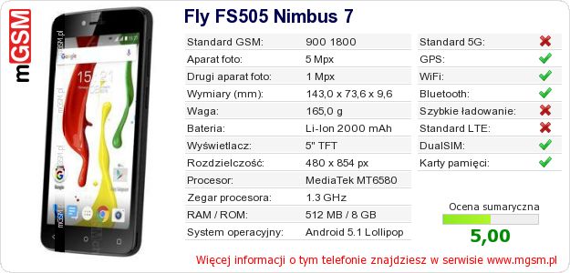 Dane telefonu Fly FS505 Nimbus 7