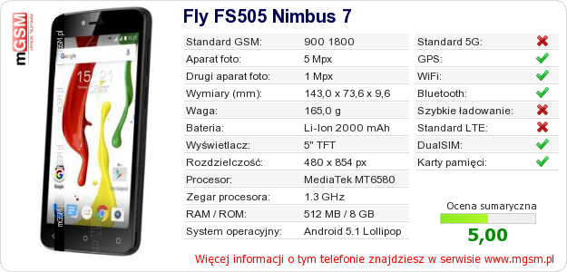 Dane telefonu Fly FS505 Nimbus 7