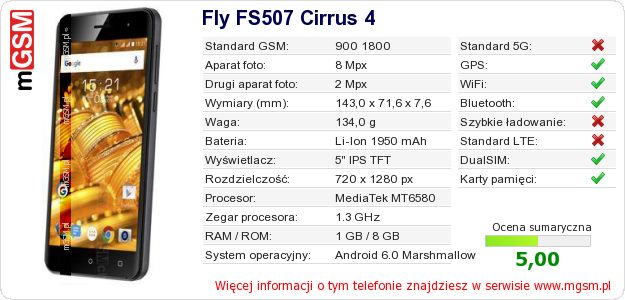 Dane telefonu Fly FS507 Cirrus 4 Dane telefonu Fly FS507 Cirrus 4
