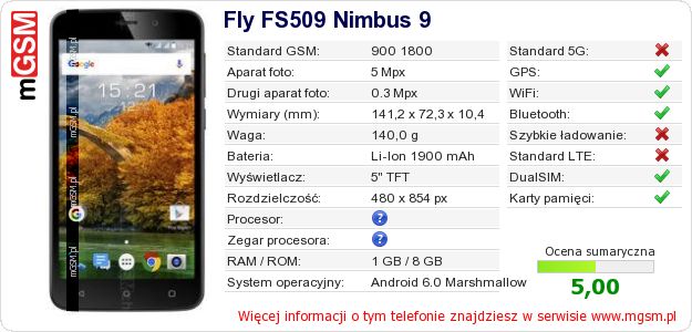 Dane telefonu Fly FS509 Nimbus 9