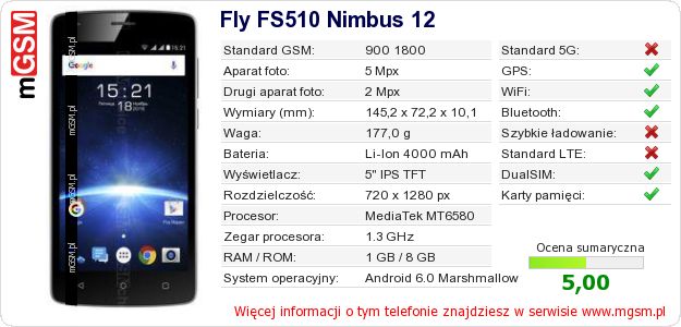 Dane telefonu Fly FS510 Nimbus 12 Dane telefonu Fly FS510 Nimbus 12