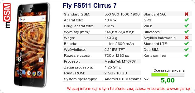 Dane telefonu Fly FS511 Cirrus 7