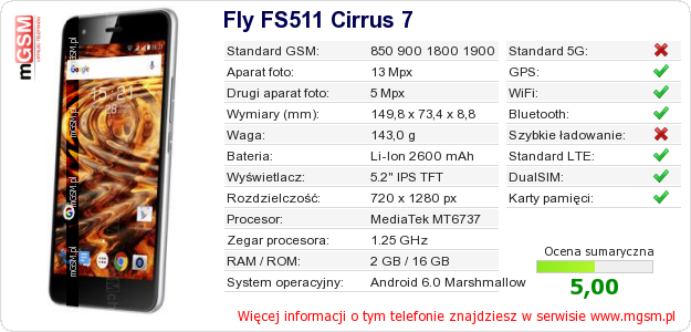 Dane telefonu Fly FS511 Cirrus 7