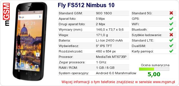 Dane telefonu Fly FS512 Nimbus 10