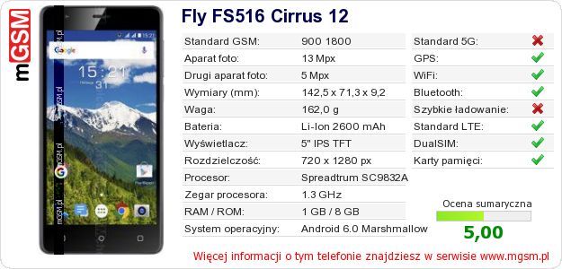 Dane telefonu Fly FS516 Cirrus 12 Dane telefonu Fly FS516 Cirrus 12