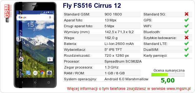 Dane telefonu Fly FS516 Cirrus 12