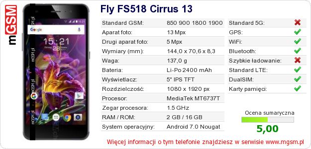 Dane telefonu Fly FS518 Cirrus 13