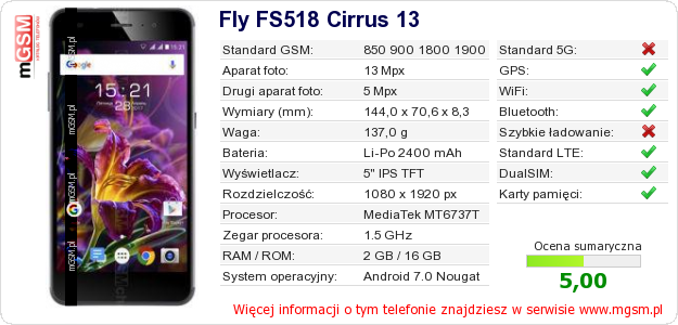 Dane telefonu Fly FS518 Cirrus 13