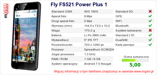 Dane telefonu Fly FS521 Power Plus 1
