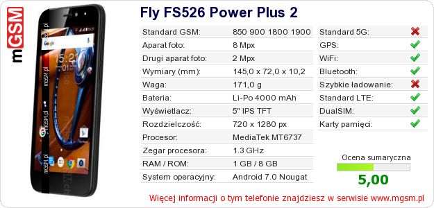 Dane telefonu Fly FS526 Power Plus 2
