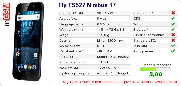 Dane telefonu Fly FS527 Nimbus 17 Dane telefonu Fly FS527 Nimbus 17