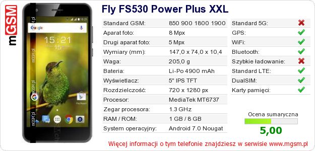 Dane telefonu Fly FS530 Power Plus XXL