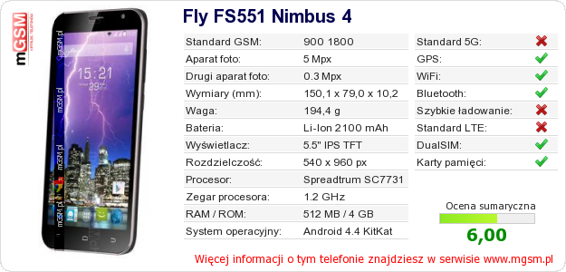 Dane telefonu Fly FS551 Nimbus 4 Dane telefonu Fly FS551 Nimbus 4
